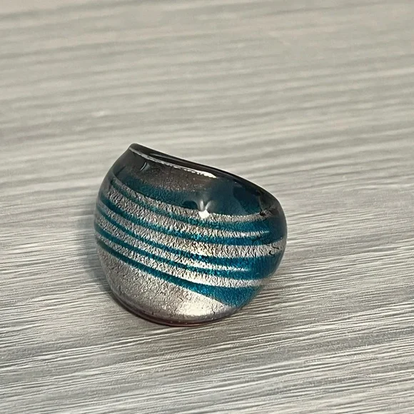Vintage Glass Ring with Silver and Teal Stripes, Size 6.5, Boho - Picture 2 of 4